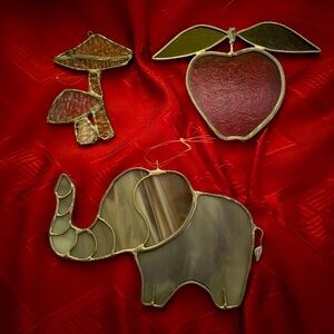 LOT of 3 stained glass suncatchers: elephant, apple, toadstool/mushroom